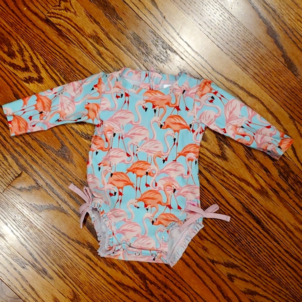 Ruffle Butts Flamingo one piece long sleeve rash guard, 3-6months